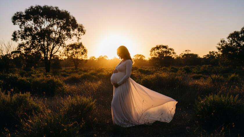 A serene, elegant maternity photoshoot in Park Orchards, Victoria, showing a pregnant woman at sunset amidst native Australian bushland, her silhouette glowing, capturing an epic, timeless moment of natural beauty.