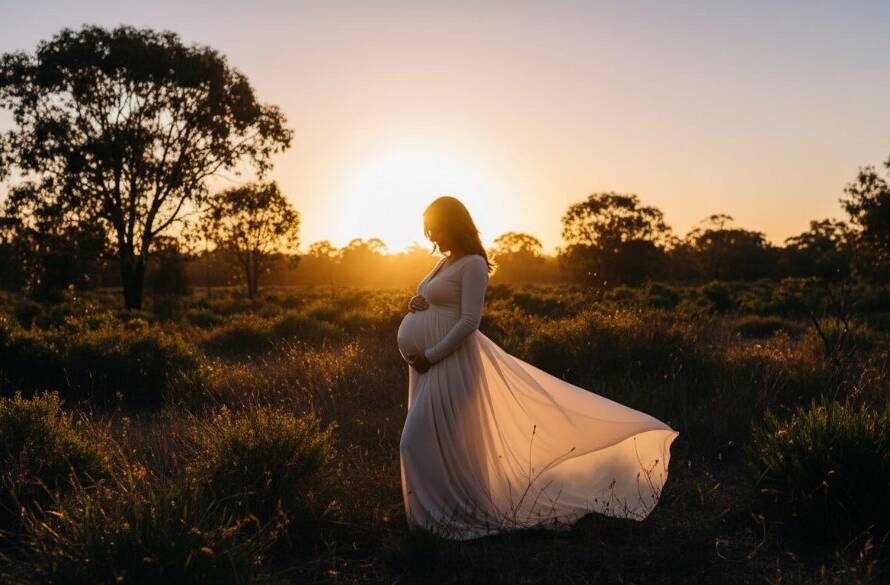 A serene, elegant maternity photoshoot in Park Orchards, Victoria, showing a pregnant woman at sunset amidst native Australian bushland, her silhouette glowing, capturing an epic, timeless moment of natural beauty.
