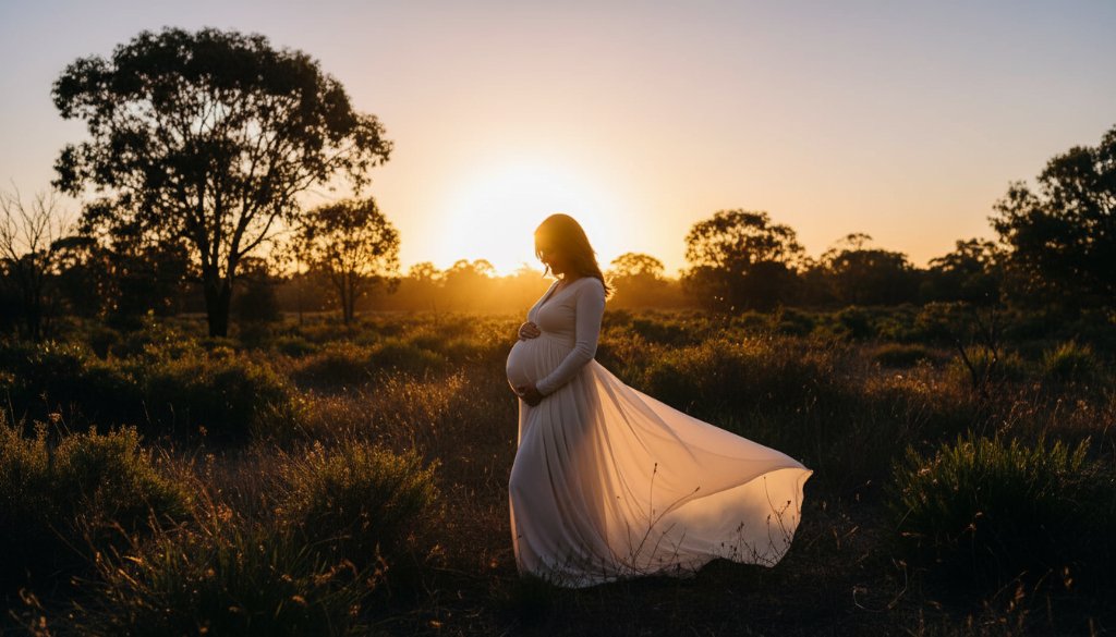 A serene, elegant maternity photoshoot in Park Orchards, Victoria, showing a pregnant woman at sunset amidst native Australian bushland, her silhouette glowing, capturing an epic, timeless moment of natural beauty.