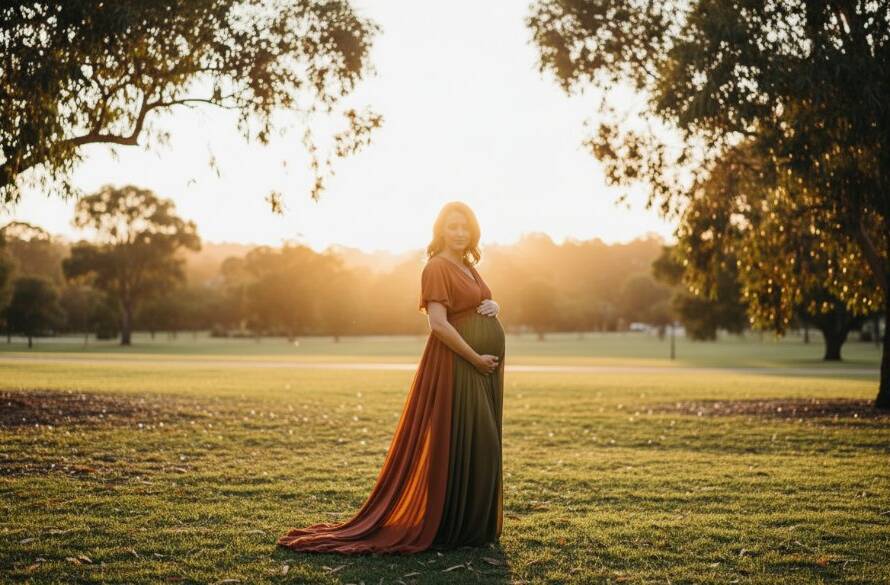 A breathtaking, professional photograph capturing an elegant Nunawading maternity photography experience, featuring a radiant pregnant woman in a flowing gown at sunset in a scenic Nunawading park, bathed in golden light, evoking a sense of wonder and maternal grace.