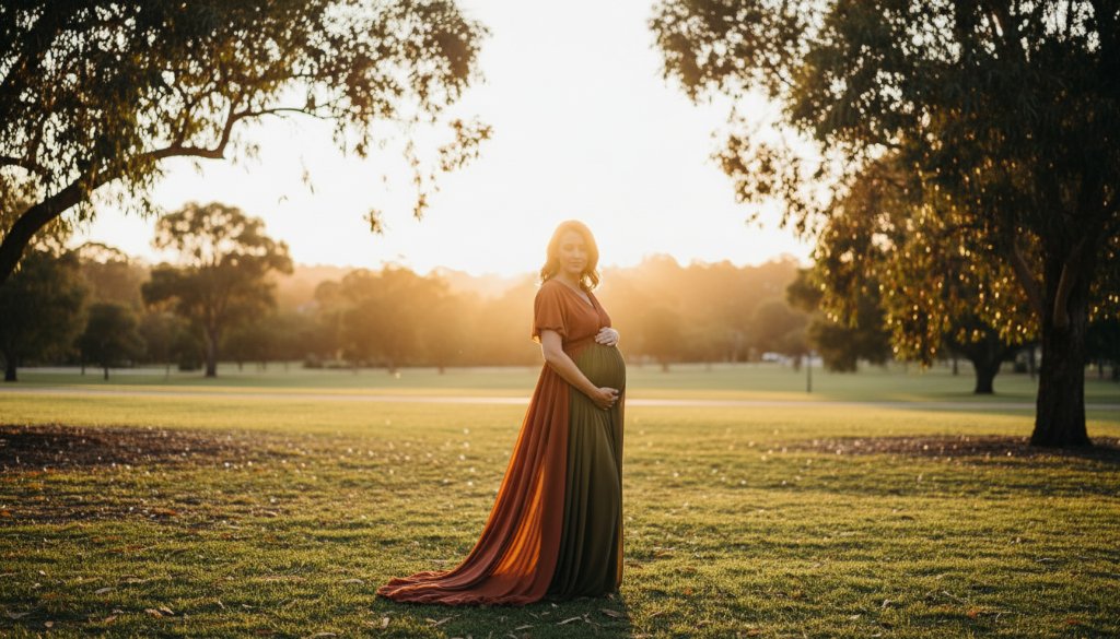 A breathtaking, professional photograph capturing an elegant Nunawading maternity photography experience, featuring a radiant pregnant woman in a flowing gown at sunset in a scenic Nunawading park, bathed in golden light, evoking a sense of wonder and maternal grace.