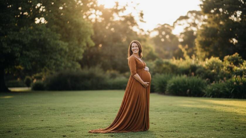 An expectant mother in a flowing gown at sunset, silhouetted against a dramatic sky in a Box Hill park, showcasing elegant outdoor maternity photography Box Hill Victoria with professional light.