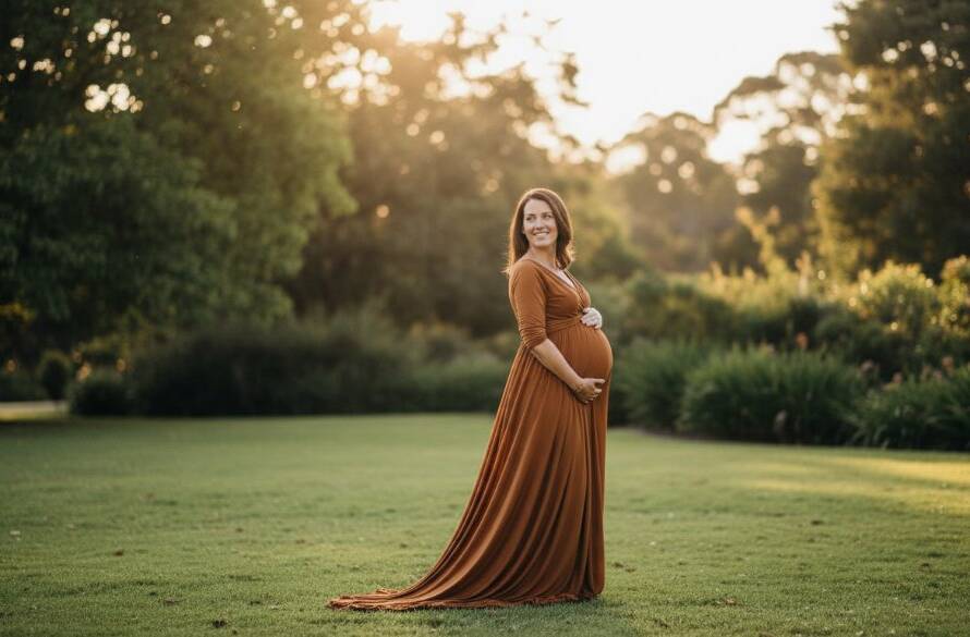 An expectant mother in a flowing gown at sunset, silhouetted against a dramatic sky in a Box Hill park, showcasing elegant outdoor maternity photography Box Hill Victoria with professional light.