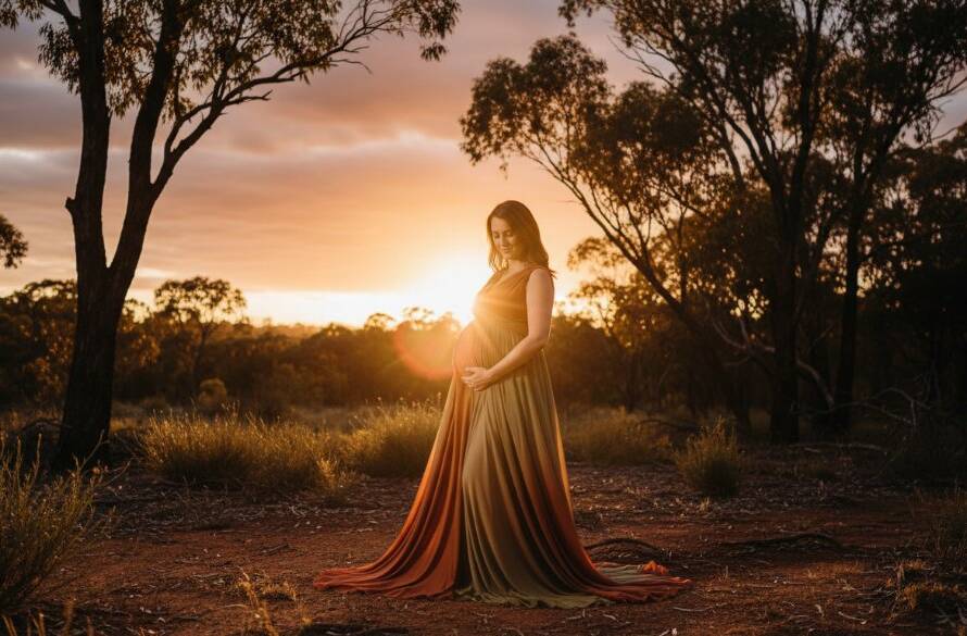 A stunning wide-angle photograph capturing elegant outdoor maternity photography Wantirna Victoria, featuring a pregnant woman in a flowing gown silhouetted against a golden sunset in a Wantirna bushland setting, her hands gently cradling her baby bump, with dramatic, warm backlighting and a sense of serene anticipation.