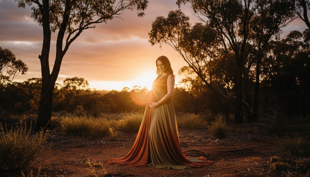 A stunning wide-angle photograph capturing elegant outdoor maternity photography Wantirna Victoria, featuring a pregnant woman in a flowing gown silhouetted against a golden sunset in a Wantirna bushland setting, her hands gently cradling her baby bump, with dramatic, warm backlighting and a sense of serene anticipation.