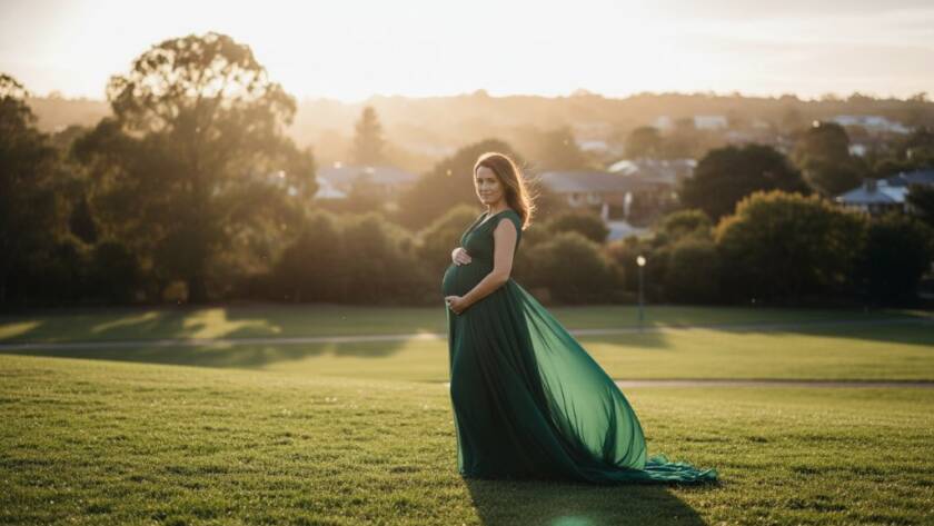 An expectant mother in a flowing gown, bathed in soft golden hour light, standing amidst lush greenery for an elegant outdoor maternity photoshoot in Surrey Hills Victoria, capturing a serene and epic moment.