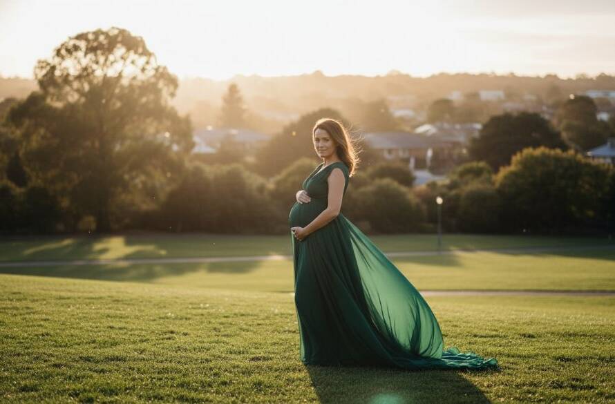 An expectant mother in a flowing gown, bathed in soft golden hour light, standing amidst lush greenery for an elegant outdoor maternity photoshoot in Surrey Hills Victoria, capturing a serene and epic moment.
