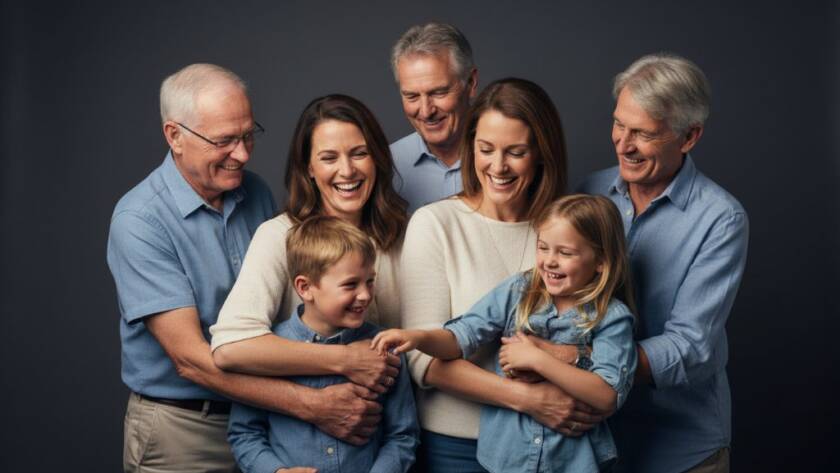 A heartwarming, dramatic wide-angle shot of a multi-generational family (grandparents, parents, children) laughing joyously during an elegant studio photography Altona Meadows for timeless portraits session, bathed in soft, warm key lighting against a deep charcoal background, capturing an authentic, 'epic moment' of connection and love with professional color grading.