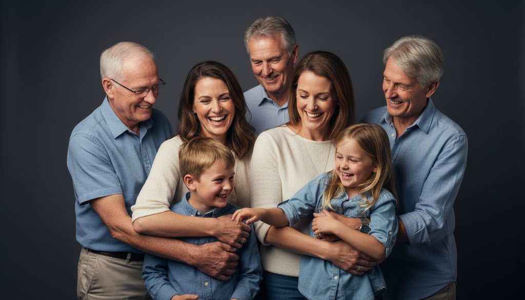 A heartwarming, dramatic wide-angle shot of a multi-generational family (grandparents, parents, children) laughing joyously during an elegant studio photography Altona Meadows for timeless portraits session, bathed in soft, warm key lighting against a deep charcoal background, capturing an authentic, 'epic moment' of connection and love with professional color grading.