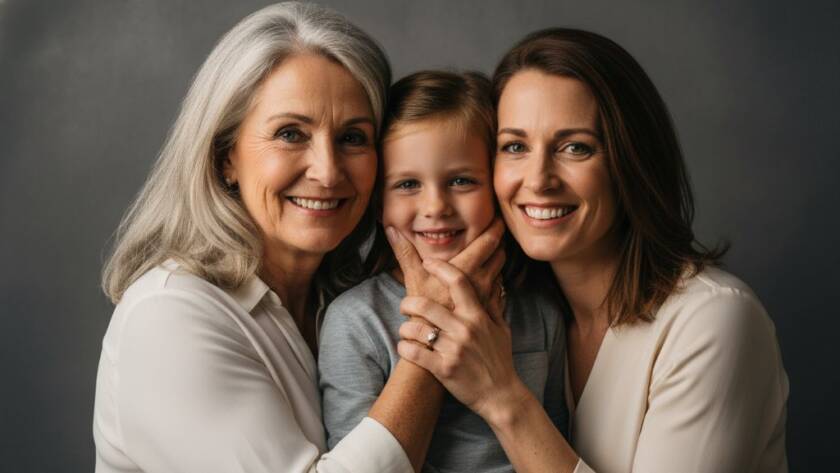 An epic moment captured with elegant studio photography Hampton for timeless family portraits: A multi-generational family, bathed in dramatic, soft key light, sharing a genuine laugh. The composition is classic, showcasing warm, emotional connections against a clean, modern backdrop with subtle texture. Professional color grading enhances the intimate and joyful mood.