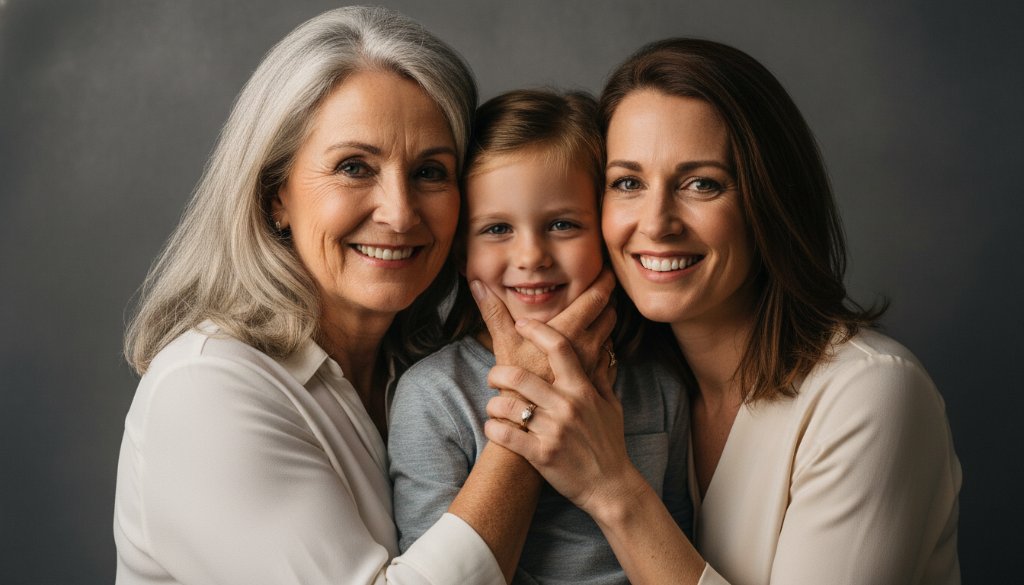 An epic moment captured with elegant studio photography Hampton for timeless family portraits: A multi-generational family, bathed in dramatic, soft key light, sharing a genuine laugh. The composition is classic, showcasing warm, emotional connections against a clean, modern backdrop with subtle texture. Professional color grading enhances the intimate and joyful mood.