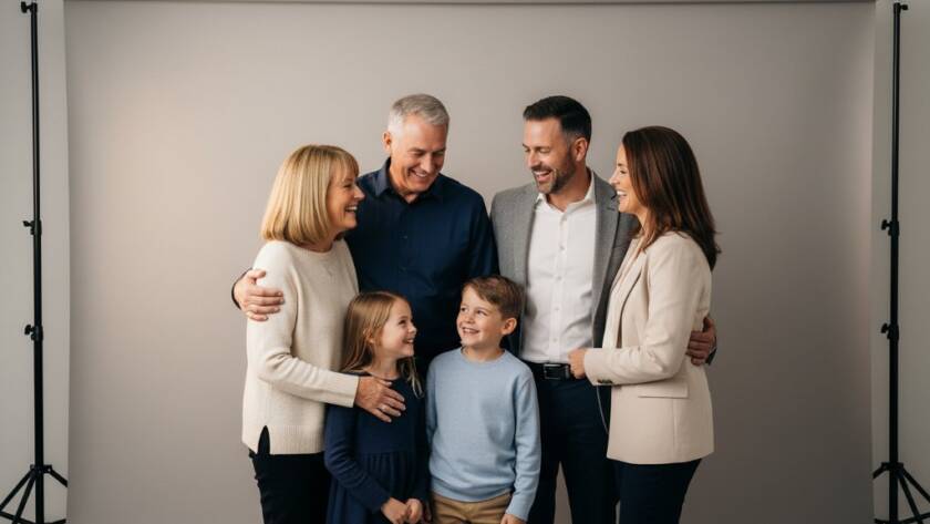 An emotionally resonant, professional portrait of a family laughing joyfully in an elegant studio photography setup in Templestowe Lower, bathed in soft, dramatic lighting, capturing a timeless, intimate moment.