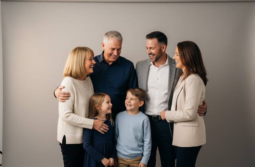 An emotionally resonant, professional portrait of a family laughing joyfully in an elegant studio photography setup in Templestowe Lower, bathed in soft, dramatic lighting, capturing a timeless, intimate moment.