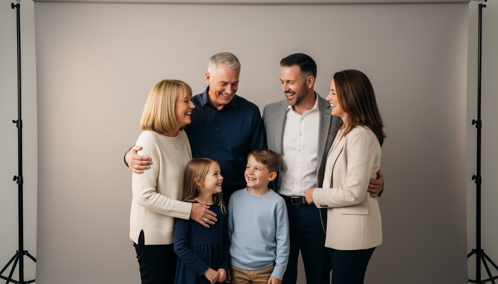 An emotionally resonant, professional portrait of a family laughing joyfully in an elegant studio photography setup in Templestowe Lower, bathed in soft, dramatic lighting, capturing a timeless, intimate moment.