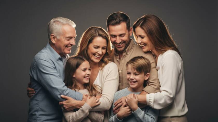 A professional, color-graded cinematic photograph showcasing elegant studio portraits Brookfield Victoria, featuring a multi-generational family (grandparents, parents, two children) laughing joyfully in a beautifully lit, modern studio setting, capturing an authentic, heartfelt 'epic moment' of connection with dramatic rim lighting and shallow depth of field.