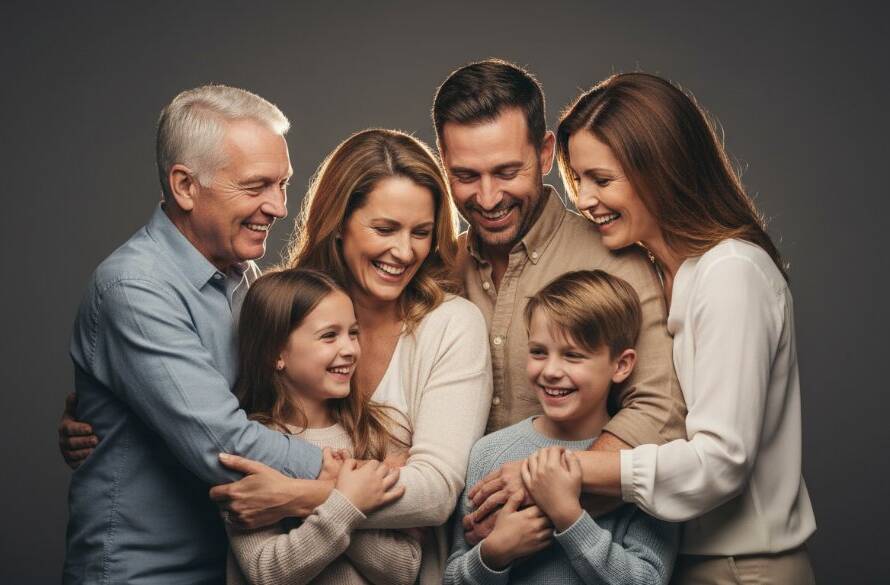A professional, color-graded cinematic photograph showcasing elegant studio portraits Brookfield Victoria, featuring a multi-generational family (grandparents, parents, two children) laughing joyfully in a beautifully lit, modern studio setting, capturing an authentic, heartfelt 'epic moment' of connection with dramatic rim lighting and shallow depth of field.