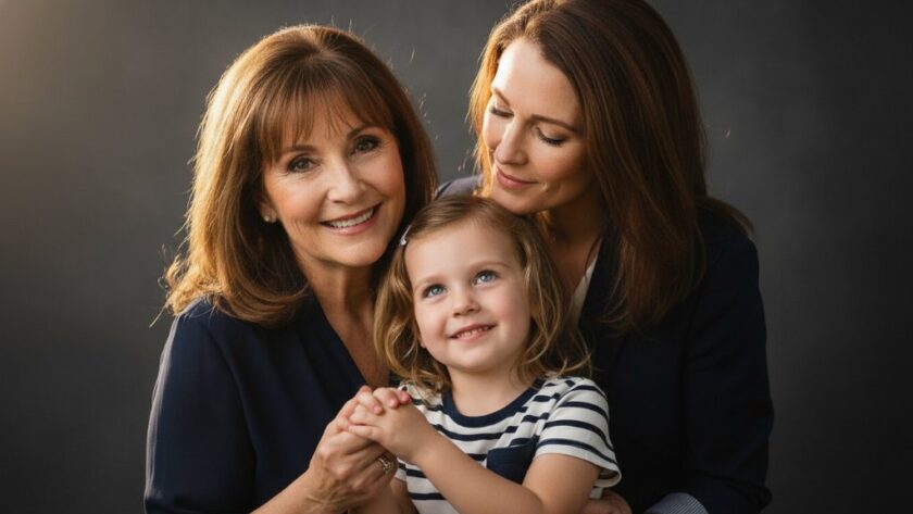 A heartwarming, professionally lit family portrait taken during an elegant studio portraits Wendouree Victoria session, showcasing genuine smiles and a strong familial bond against a soft, atmospheric background.