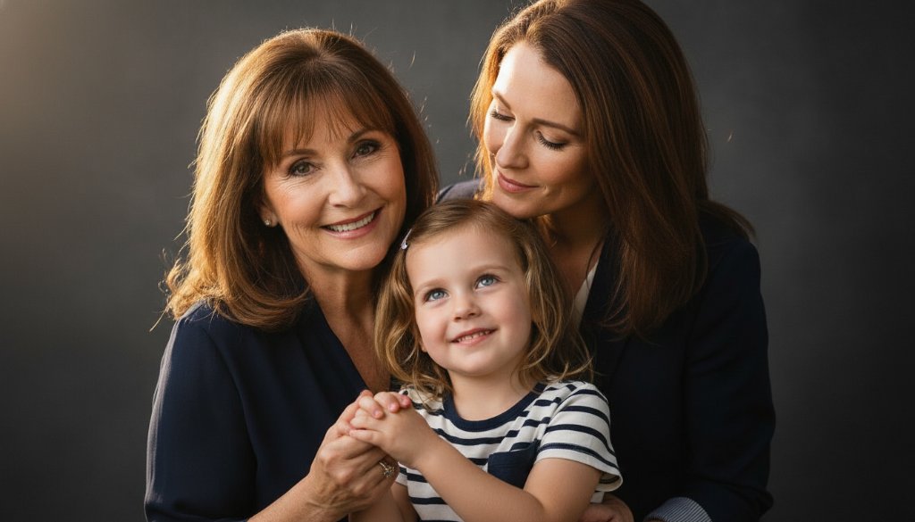 A heartwarming, professionally lit family portrait taken during an elegant studio portraits Wendouree Victoria session, showcasing genuine smiles and a strong familial bond against a soft, atmospheric background.
