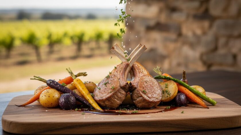 An epic, dramatic, professionally colour-graded photograph showcasing beautifully styled, rustic gourmet dishes featuring local produce from Ararat, Victoria, Australia, illuminated by warm, directional light, capturing the rich textures and vibrant colours in a stunning composition that will elevate Ararat Victoria gourmet food photography.