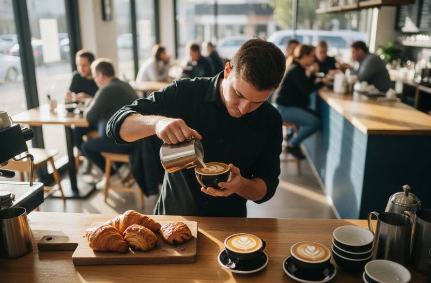 An inspiring overhead shot showcasing a bustling local cafe in Blackburn, Victoria, with a professional photographer capturing an 'epic moment' of a barista crafting coffee, symbolizing how professional commercial photography can elevate Blackburn Victoria business.