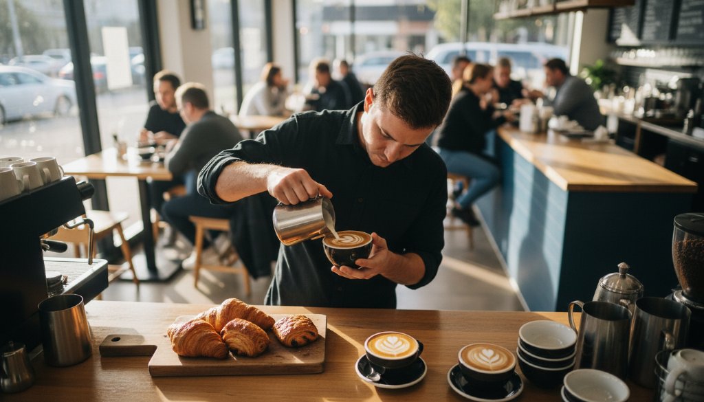 An inspiring overhead shot showcasing a bustling local cafe in Blackburn, Victoria, with a professional photographer capturing an 'epic moment' of a barista crafting coffee, symbolizing how professional commercial photography can elevate Blackburn Victoria business.