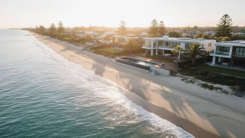 An aerial view at sunrise showcasing a stunning Bonbeach beachfront property with golden light reflecting off the ocean, perfectly composed to elevate Bonbeach beachfront property listings with professional photography, highlighting its luxurious pool and direct beach access, with a person practicing yoga on a spacious deck.