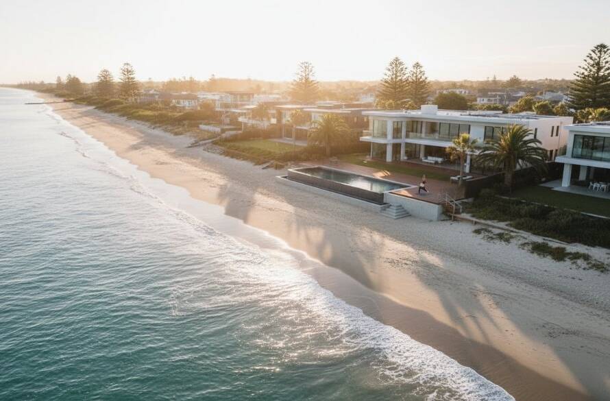 An aerial view at sunrise showcasing a stunning Bonbeach beachfront property with golden light reflecting off the ocean, perfectly composed to elevate Bonbeach beachfront property listings with professional photography, highlighting its luxurious pool and direct beach access, with a person practicing yoga on a spacious deck.