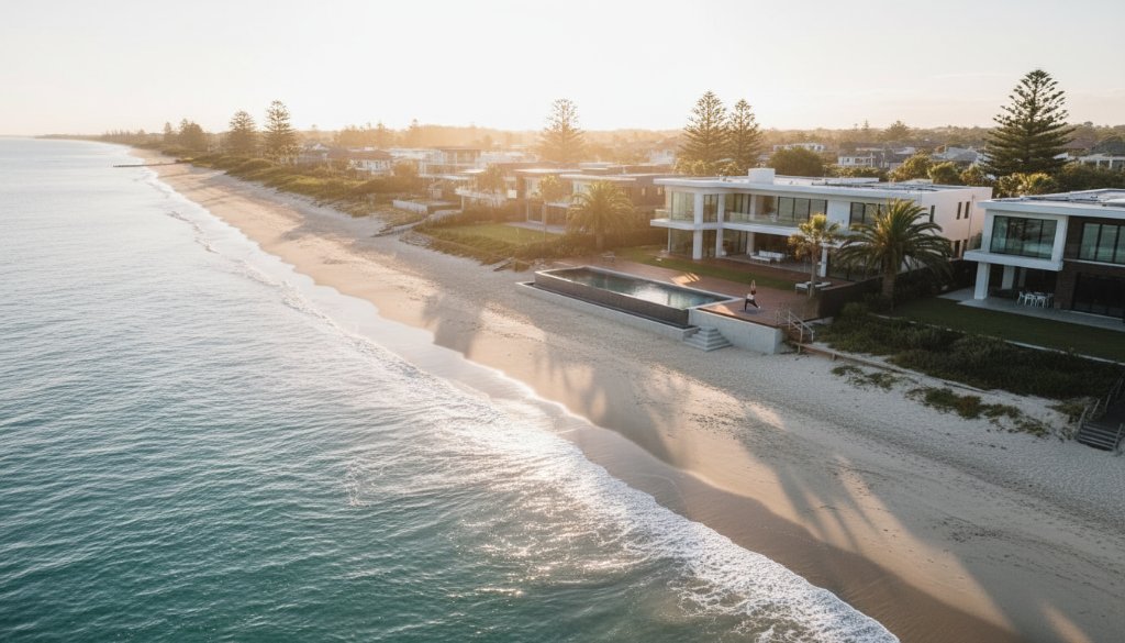 An aerial view at sunrise showcasing a stunning Bonbeach beachfront property with golden light reflecting off the ocean, perfectly composed to elevate Bonbeach beachfront property listings with professional photography, highlighting its luxurious pool and direct beach access, with a person practicing yoga on a spacious deck.