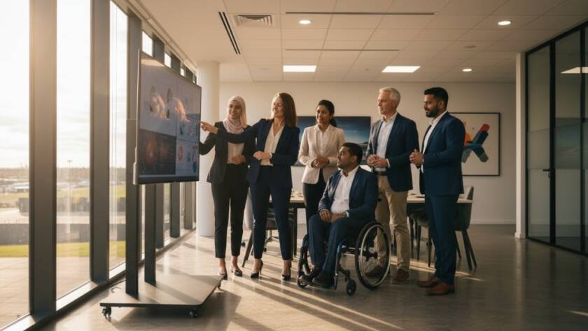 A dynamic wide-angle shot of a diverse business team in a modern Laverton office space, mid-collaboration, with shafts of dramatic golden hour sunlight streaming through large windows, creating an 'epic moment' for professional corporate photography Laverton.
