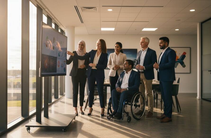 A dynamic wide-angle shot of a diverse business team in a modern Laverton office space, mid-collaboration, with shafts of dramatic golden hour sunlight streaming through large windows, creating an 'epic moment' for professional corporate photography Laverton.