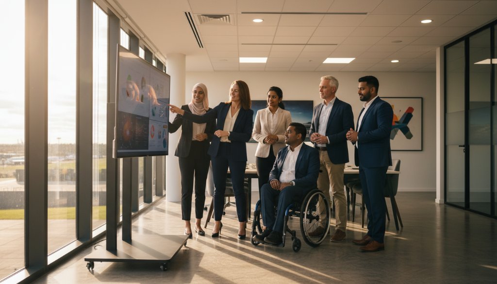A dynamic wide-angle shot of a diverse business team in a modern Laverton office space, mid-collaboration, with shafts of dramatic golden hour sunlight streaming through large windows, creating an 'epic moment' for professional corporate photography Laverton.
