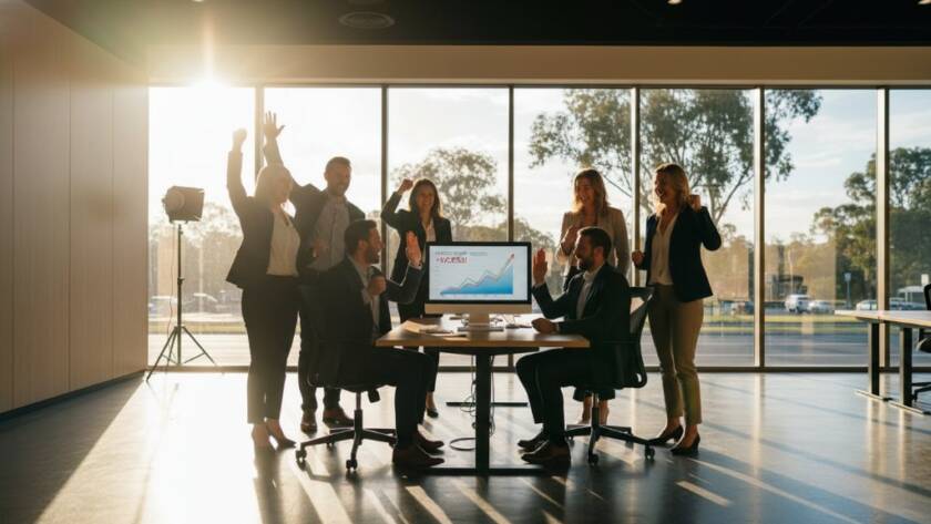An inspiring 'epic moment' photograph of a diverse team of professionals celebrating a successful project launch at a modern office space in Rowville, Victoria, beautifully captured through professional corporate photography, showcasing their collaborative spirit and brand strength.