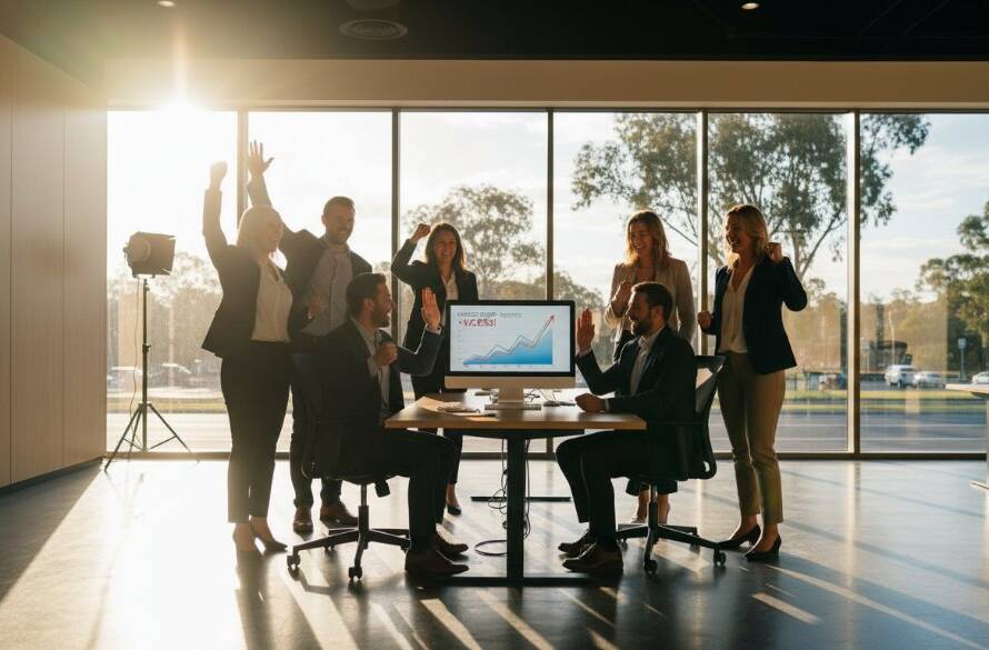 An inspiring 'epic moment' photograph of a diverse team of professionals celebrating a successful project launch at a modern office space in Rowville, Victoria, beautifully captured through professional corporate photography, showcasing their collaborative spirit and brand strength.