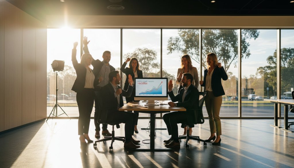 An inspiring 'epic moment' photograph of a diverse team of professionals celebrating a successful project launch at a modern office space in Rowville, Victoria, beautifully captured through professional corporate photography, showcasing their collaborative spirit and brand strength.