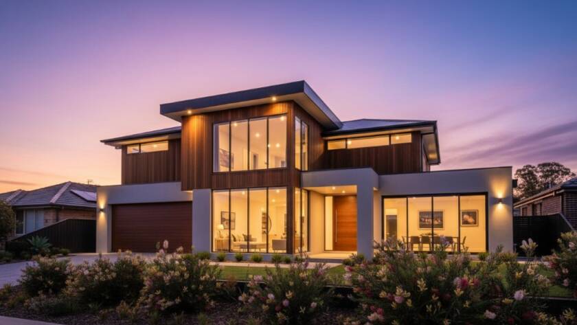 An epic moment of a modern family home in Brooklyn, Victoria, Australia, bathed in golden hour sunlight, highlighting its sleek architecture and inviting garden, captured with professional real estate photography to elevate Brooklyn VIC property listings with stunning visual appeal.