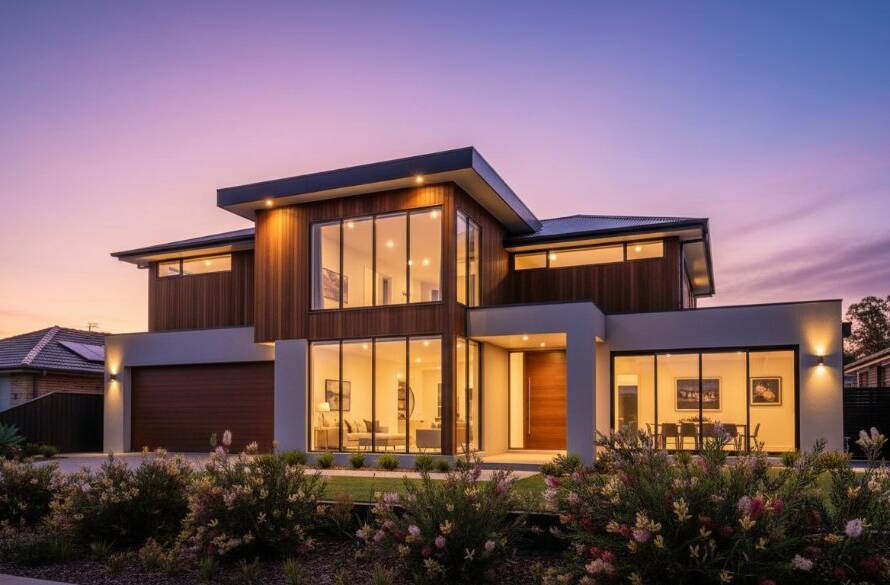 An epic moment of a modern family home in Brooklyn, Victoria, Australia, bathed in golden hour sunlight, highlighting its sleek architecture and inviting garden, captured with professional real estate photography to elevate Brooklyn VIC property listings with stunning visual appeal.