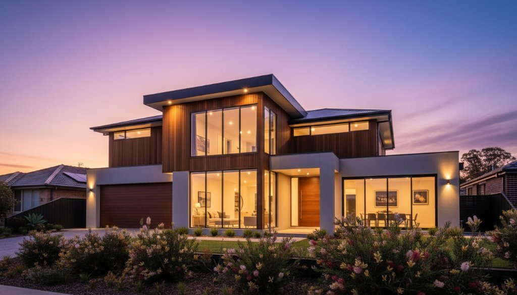 An epic moment of a modern family home in Brooklyn, Victoria, Australia, bathed in golden hour sunlight, highlighting its sleek architecture and inviting garden, captured with professional real estate photography to elevate Brooklyn VIC property listings with stunning visual appeal.
