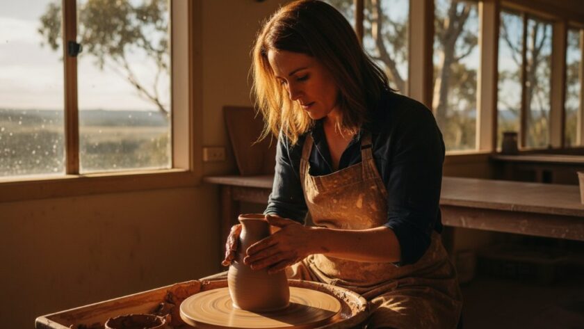 A cinematic portrait of a passionate local baker in Brown Hill, Victoria, expertly decorating a cake, with warm backlighting and rich colours, perfectly capturing the essence of Elevate Brown Hill business branding photography.