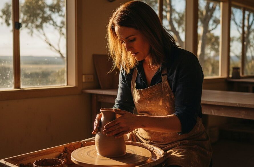 A cinematic portrait of a passionate local baker in Brown Hill, Victoria, expertly decorating a cake, with warm backlighting and rich colours, perfectly capturing the essence of Elevate Brown Hill business branding photography.