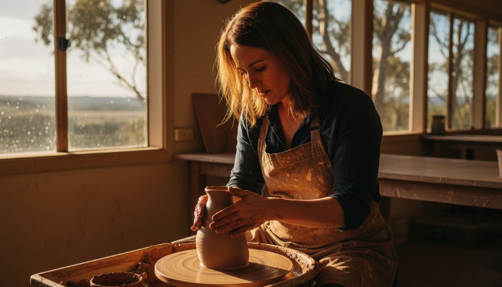 A cinematic portrait of a passionate local baker in Brown Hill, Victoria, expertly decorating a cake, with warm backlighting and rich colours, perfectly capturing the essence of Elevate Brown Hill business branding photography.