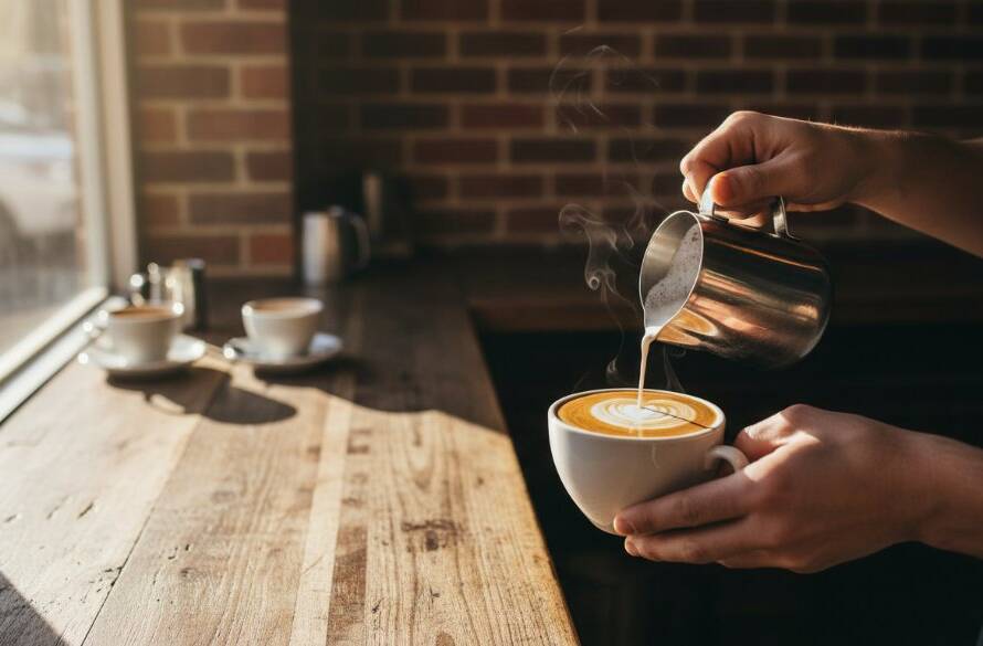 Dynamic close-up of a barista expertly pouring latte art into a coffee cup, with soft, warm light illuminating the steam, capturing an epic moment for Bulleen cafe menus with professional food photography.