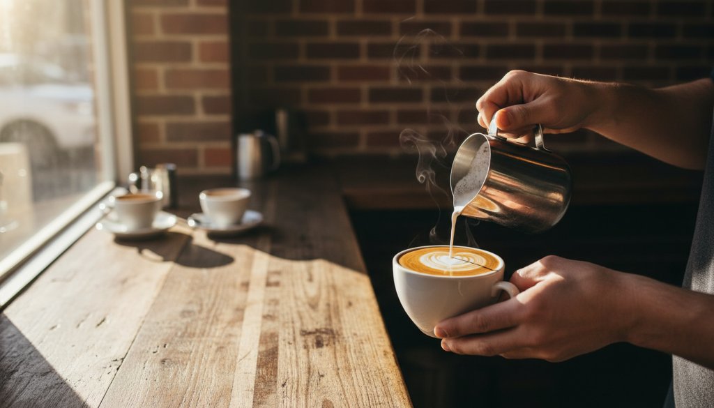 Dynamic close-up of a barista expertly pouring latte art into a coffee cup, with soft, warm light illuminating the steam, capturing an epic moment for Bulleen cafe menus with professional food photography.