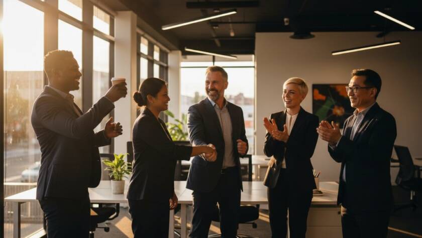 A dynamic, wide-angle shot of a diverse business team in Nunawading, celebrating a project success with a dramatic backdrop of a modern office interior, professionally lit to Elevate Business Image Nunawading Corporate Photography.