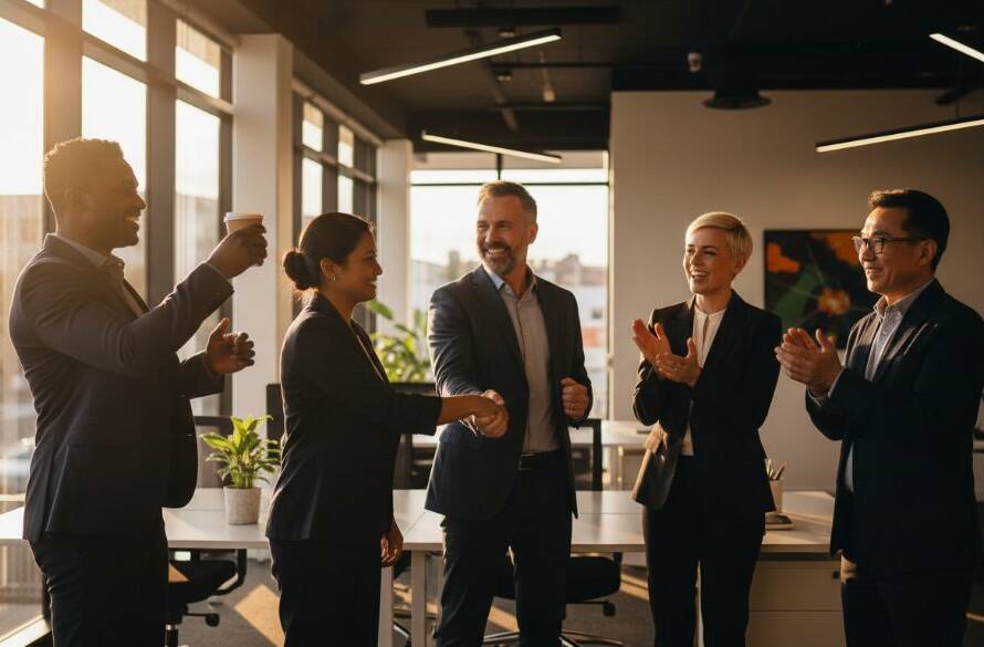 A dynamic, wide-angle shot of a diverse business team in Nunawading, celebrating a project success with a dramatic backdrop of a modern office interior, professionally lit to Elevate Business Image Nunawading Corporate Photography.
