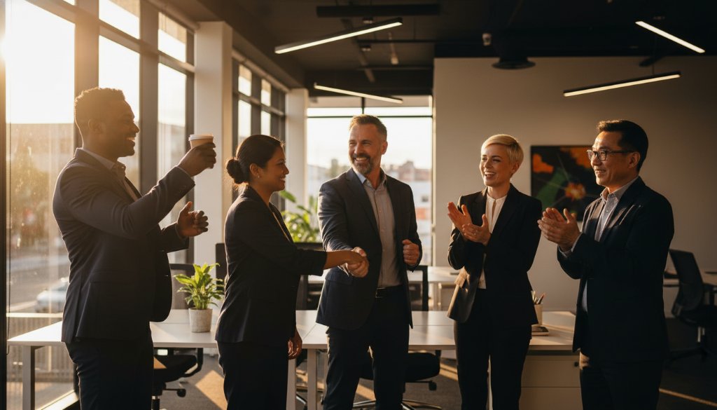 A dynamic, wide-angle shot of a diverse business team in Nunawading, celebrating a project success with a dramatic backdrop of a modern office interior, professionally lit to Elevate Business Image Nunawading Corporate Photography.