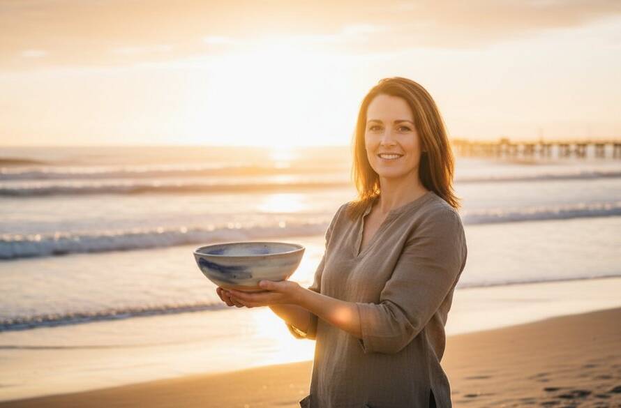An inspiring 'epic moment' photograph showcasing a local business owner proudly displaying their unique product on the vibrant foreshore of Carrum Beach at sunrise, expertly captured through professional advertising photography to elevate Carrum business visuals with dynamic visual storytelling.