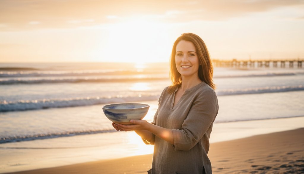 An inspiring 'epic moment' photograph showcasing a local business owner proudly displaying their unique product on the vibrant foreshore of Carrum Beach at sunrise, expertly captured through professional advertising photography to elevate Carrum business visuals with dynamic visual storytelling.