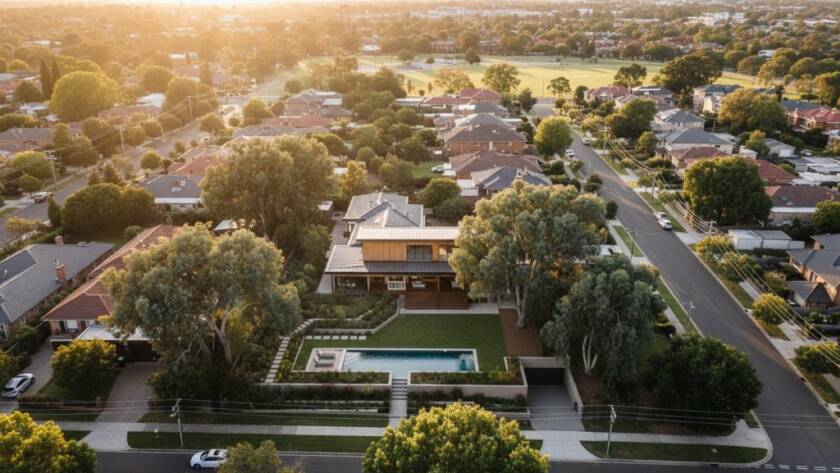 An awe-inspiring aerial panoramic shot capturing the vibrant community and lush landscapes of Caulfield South at sunset, highlighting a modern architectural residence, perfect for demonstrating how to elevate Caulfield South property marketing with professional drone photography.