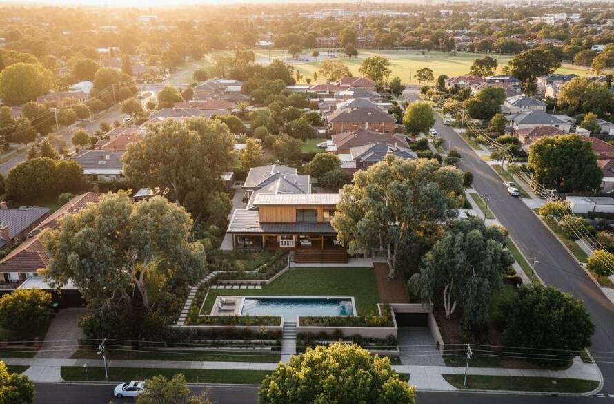 An awe-inspiring aerial panoramic shot capturing the vibrant community and lush landscapes of Caulfield South at sunset, highlighting a modern architectural residence, perfect for demonstrating how to elevate Caulfield South property marketing with professional drone photography.