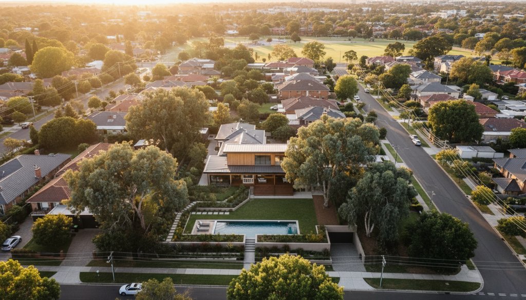 An awe-inspiring aerial panoramic shot capturing the vibrant community and lush landscapes of Caulfield South at sunset, highlighting a modern architectural residence, perfect for demonstrating how to elevate Caulfield South property marketing with professional drone photography.